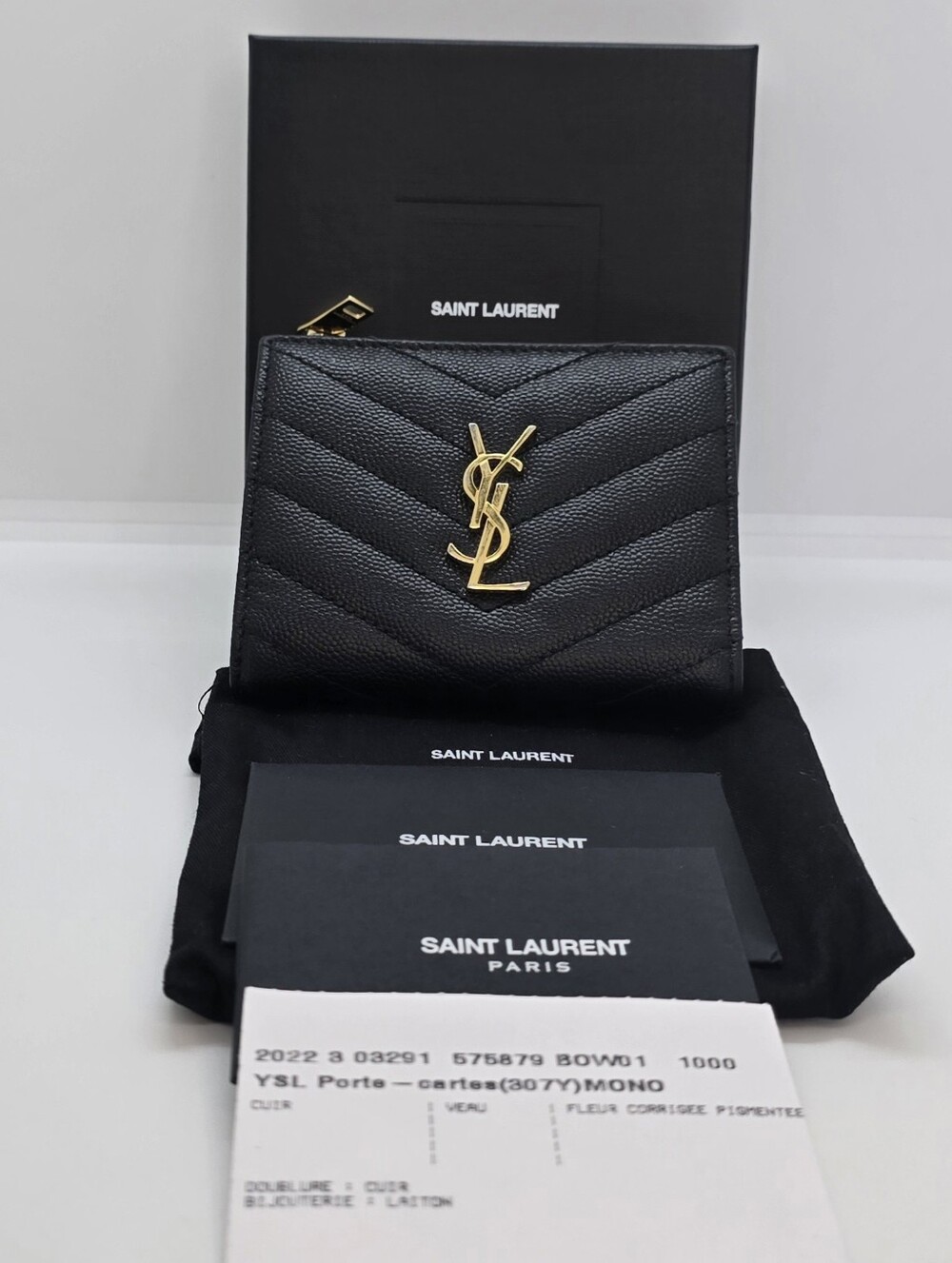 Saint Laurent Cassandra Black Quilted Leather Zip Wallet with Gold YSL Logo